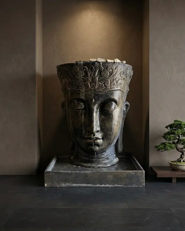 Brunnen aus Stein-Optik in einer beleuchteten Nische bei Casa Ambiente Bochum.